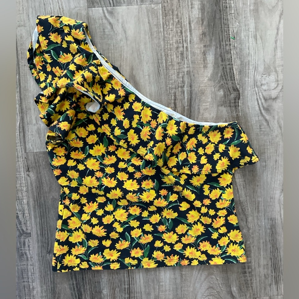Maeve Anthropologie Women’s Size Small Black Yellow Print One Shoulder Top New - Picture 4 of 4